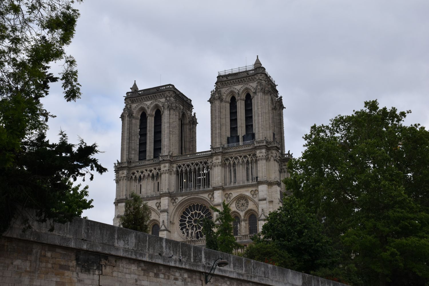 notre dame in parijs tussen bomen en stenen muur
